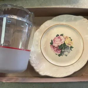 Frosted Glass Pitcher & Floral Serving Plate