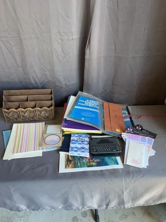 Office Supplies Lot with Wood Organizer