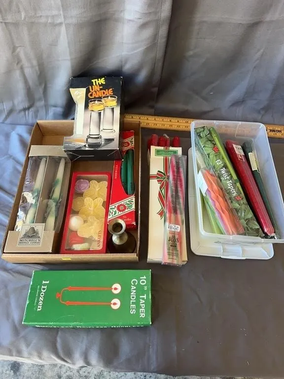 Assorted Beeswax Taper Candles & Holders Lot