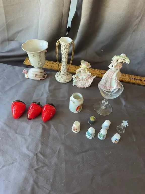 Porcelain Figurines & Glass Strawberry Decor Lot