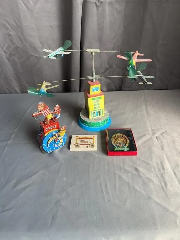 Tin Litho Wind-Up Carousel & Monkey Circus Toys