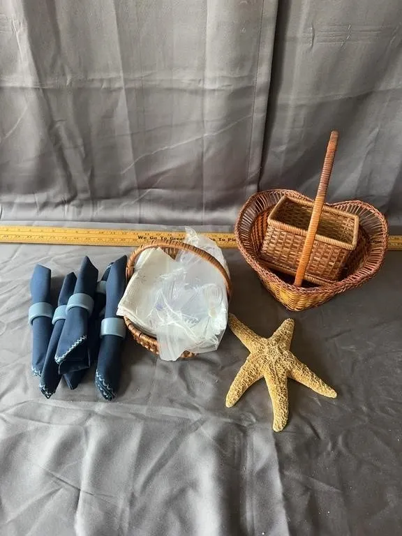Wicker Baskets, Table Linens & Dried Starfish
