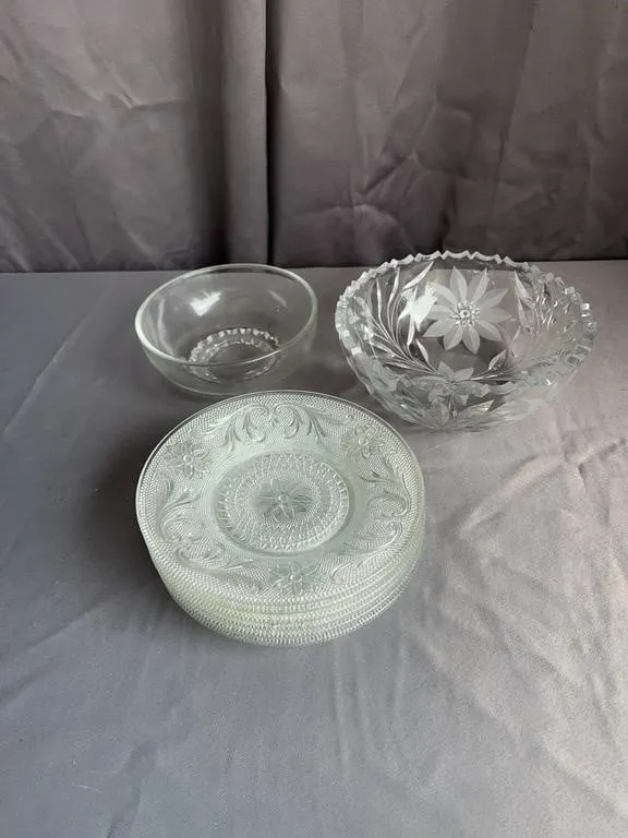 Crystal Floral Bowl & Glass Salad Plates