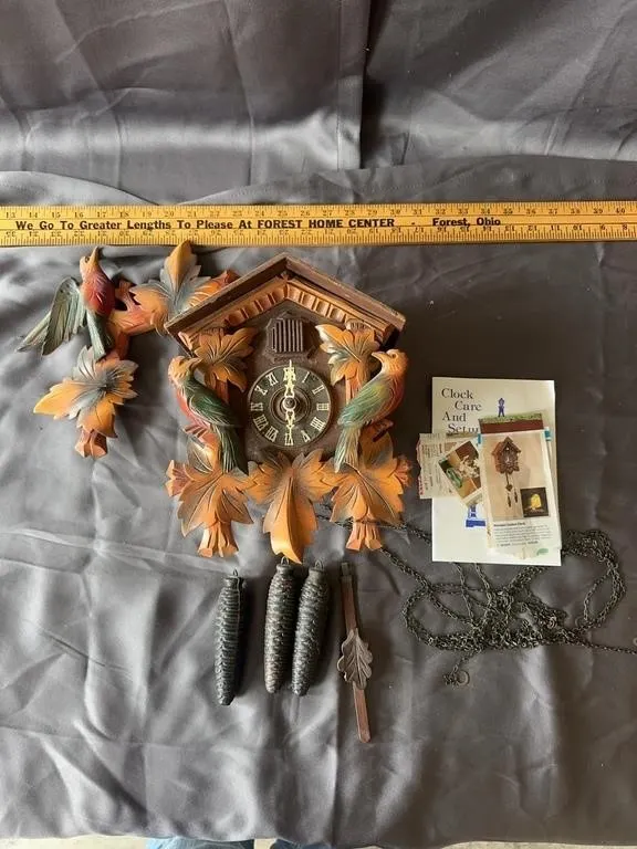 Carved Quartz Cuckoo Clock with Birds & Leaves