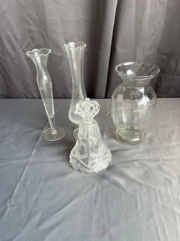 Crystal Dinner Bell & Etched Glass Vases