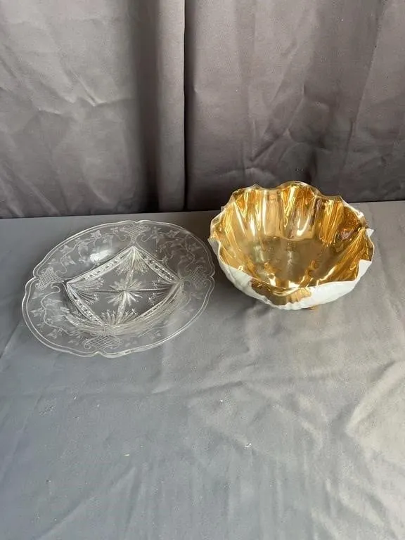 Etched Crystal Plate & Gilt Shell Bowl Lot