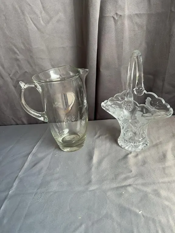 Etched Glass Pitcher & Pressed Glass Basket