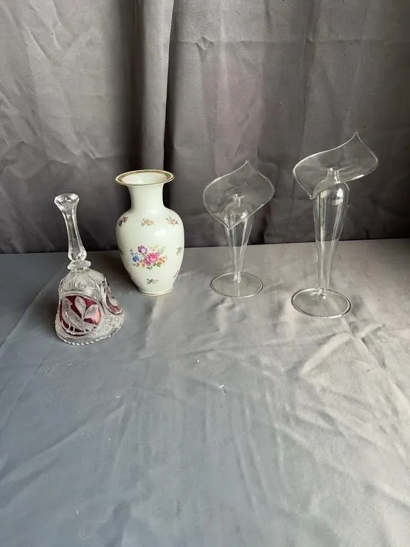 GDR Porcelain Vase, Crystal Bell & Glass Vases Lot