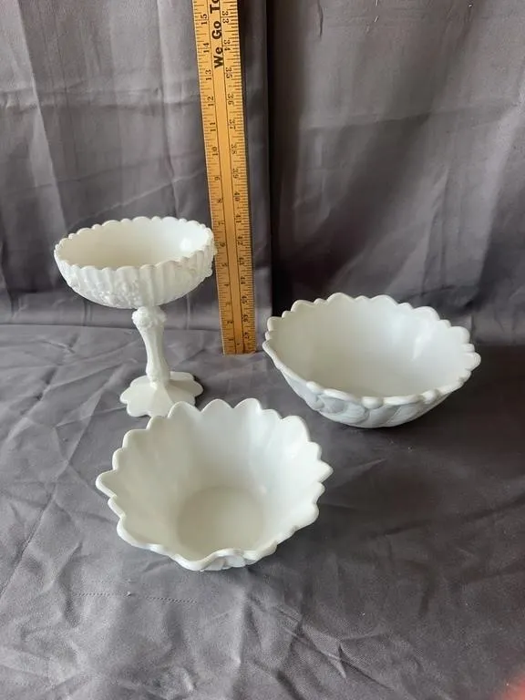 Milk Glass Compote & Floral Bowls Trio
