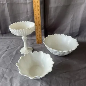 Milk Glass Compote & Floral Bowls Trio