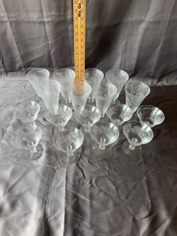 Etched Rose Stemware Collection - 17 Pieces