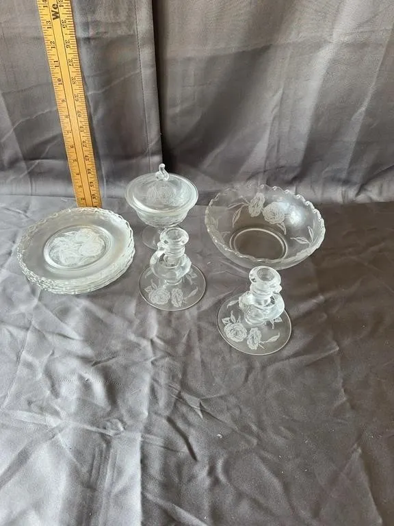 Floral Etched Glass Tableware & Candlesticks