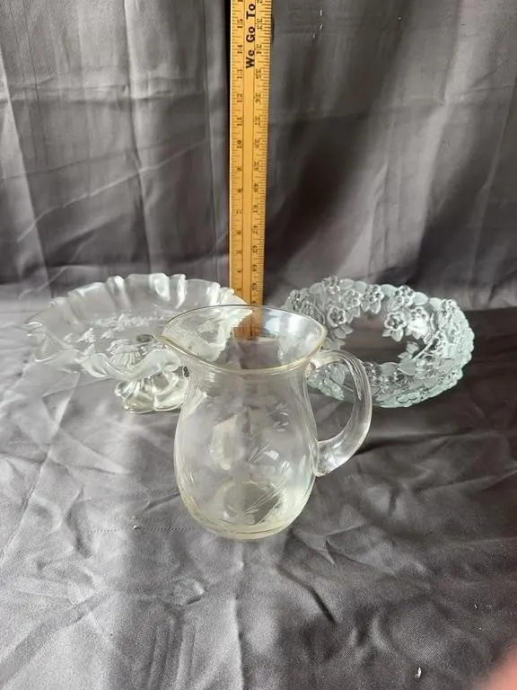 Etched Glass Pitcher, Compote & Floral Bowl