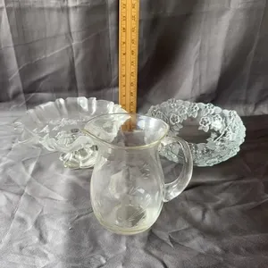 Etched Glass Pitcher, Compote & Floral Bowl