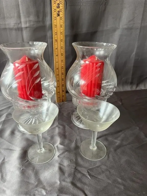Etched Glass Hurricane Candleholders & Glasses Set