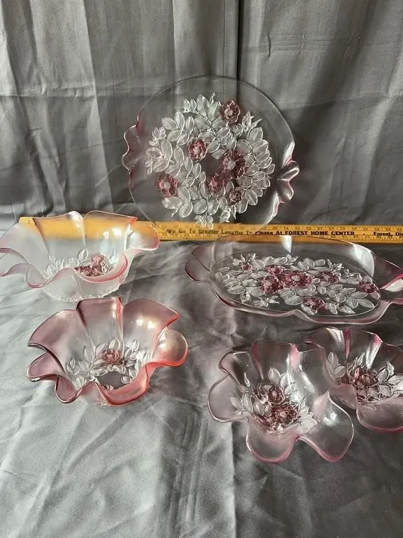 Pink Frosted Wild Rose Glass Tableware Set