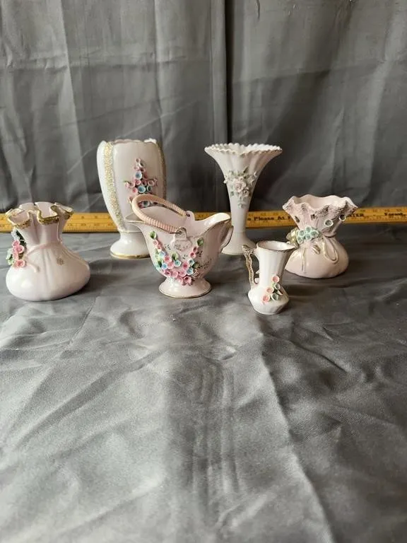 Norcrest Floral Miniature Porcelain Vases & Basket