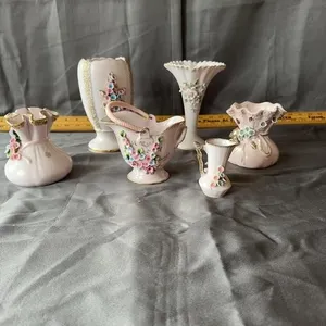 Norcrest Floral Miniature Porcelain Vases & Basket