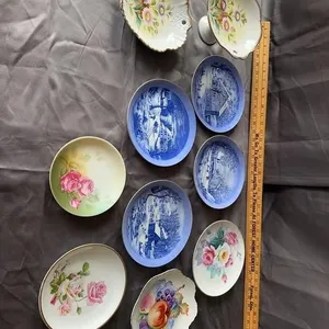 Currier & Ives Blue Plates & Floral Dish Set
