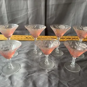 Pink Etched Floral Glass Cocktail Coupes Set of 7