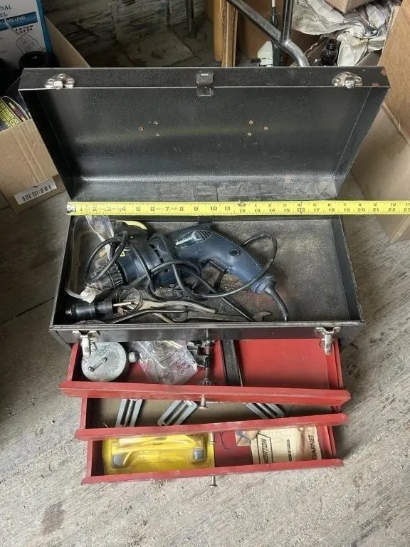 Metal Tool Box with Drill & Contents