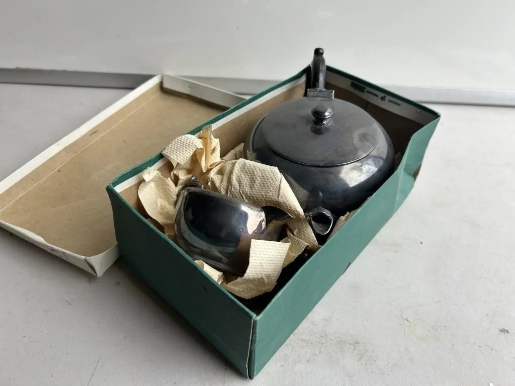 Silver-plate tea set: teapot, creamer, sugar &