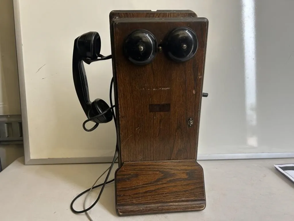 Antique Oak Wall Telephone with Handset