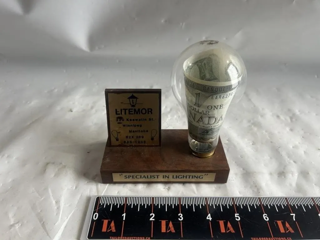 Litemor Lighting Ad Lightbulb w/ Canadian $1 Bill