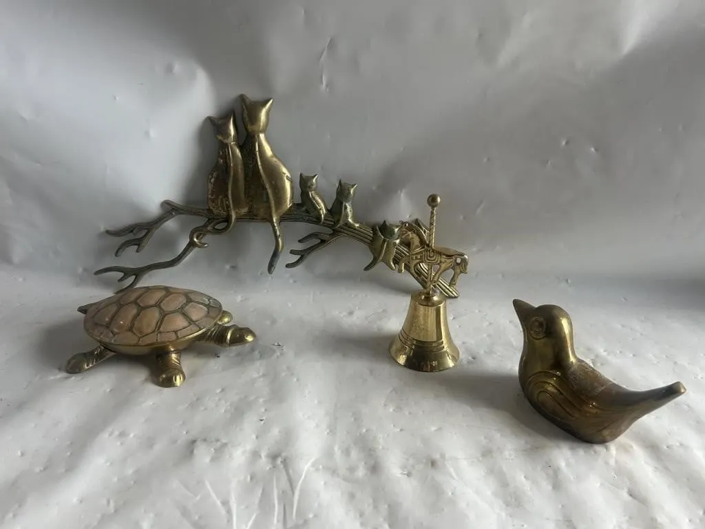 Brass figurines: cats on branch, turtle, bird,