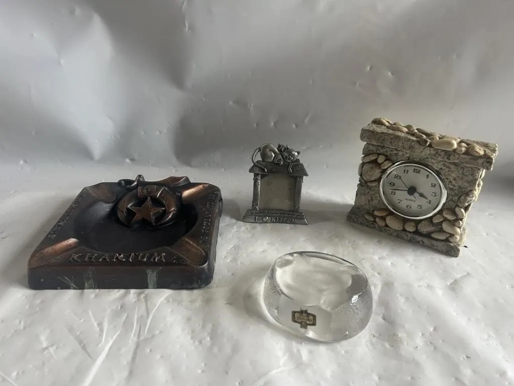 Desk Decor Lot: Ashtray, Clock, Frame &