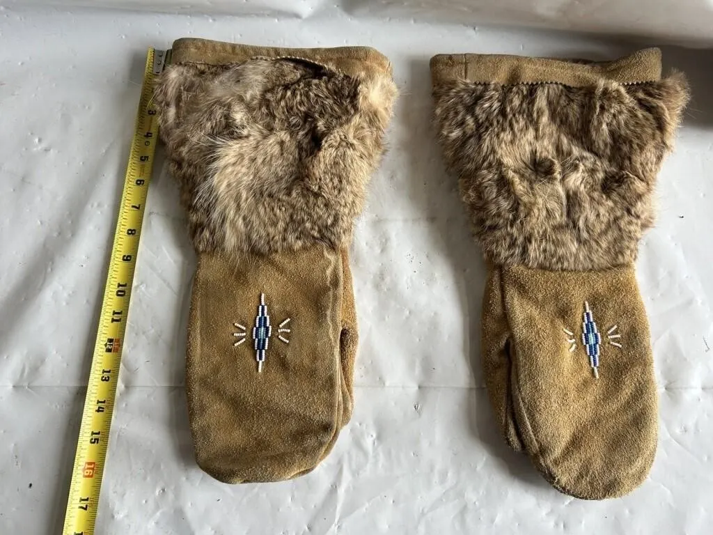 Beaded Leather Mittens with Rabbit Fur Trim