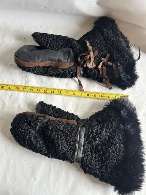 Black curly fur mittens with fringed suede ties