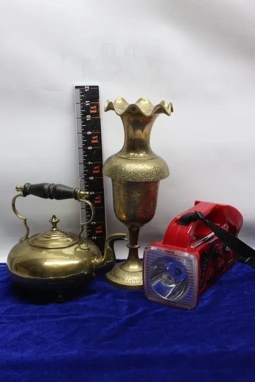 Brass Vase, Kettle & Emergency Radio/Flashlight