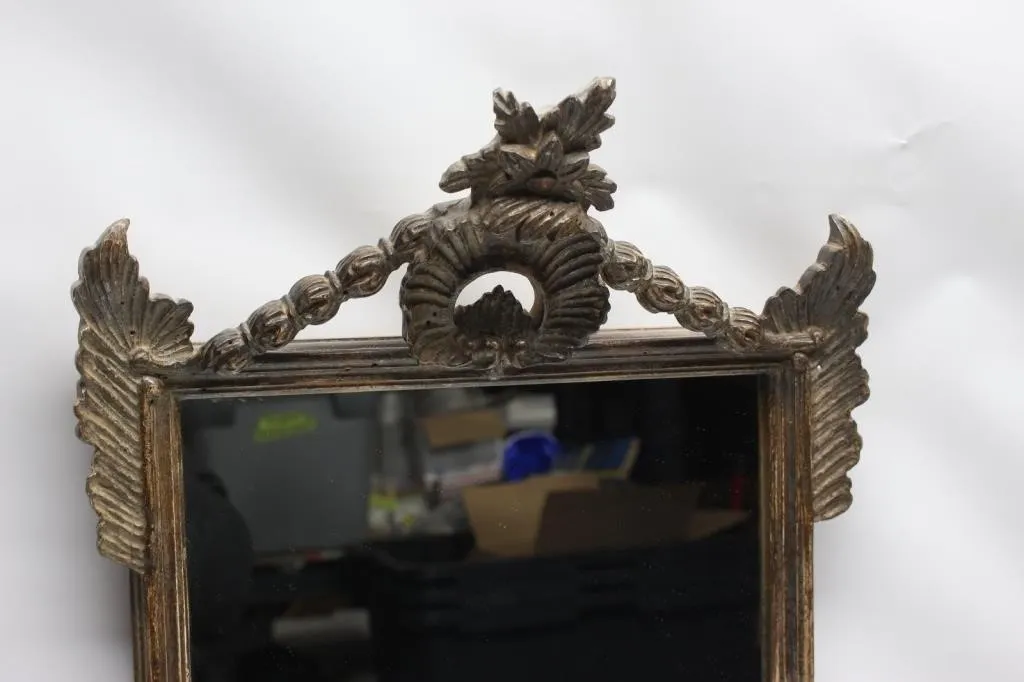 Antique Winged Carved Wood Wall Mirror with Crest