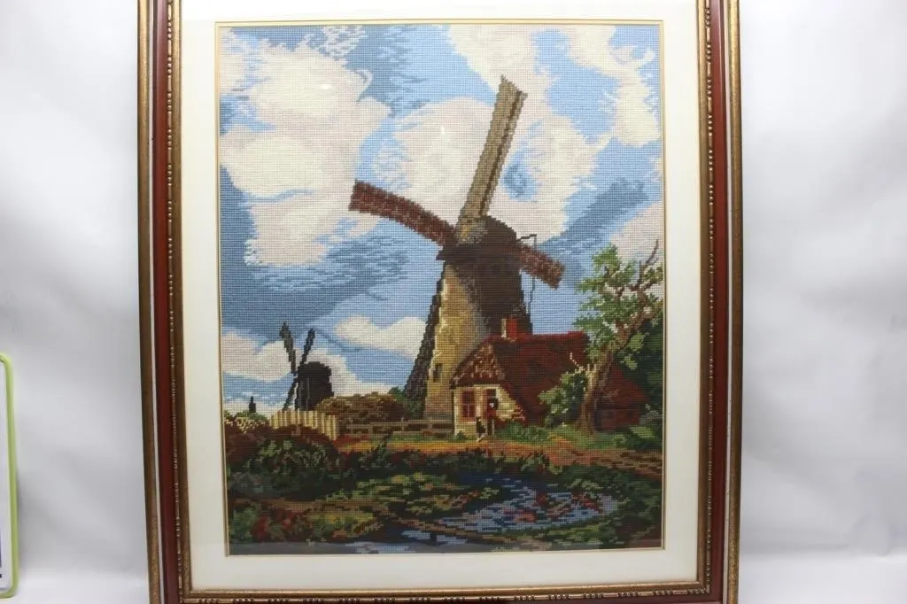 Framed Needlepoint Windmill & Cottage Landscape