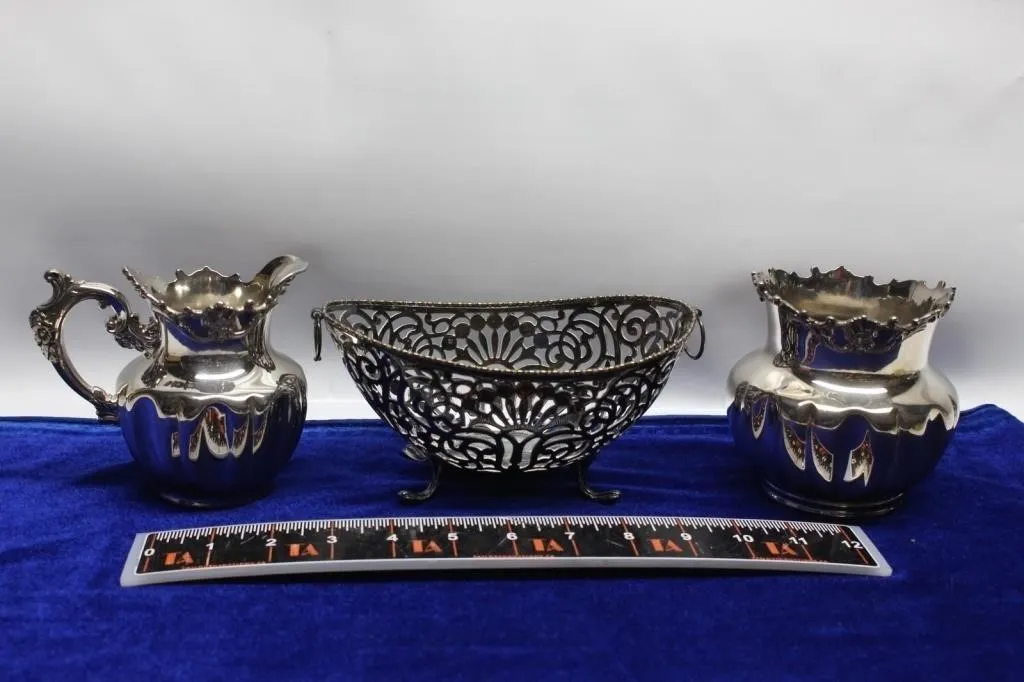 Silverplate Pitchers & Pierced Basket, 3 Pcs