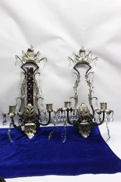 Pair of Crystal-Draped Silver Wall Sconces