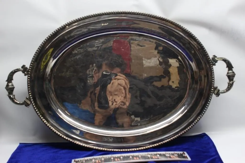Silver-plated oval footed serving tray with