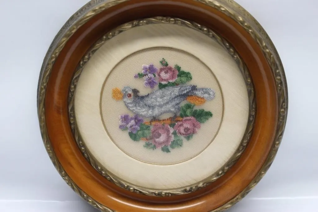 Round Framed Needlepoint Bird & Roses Picture