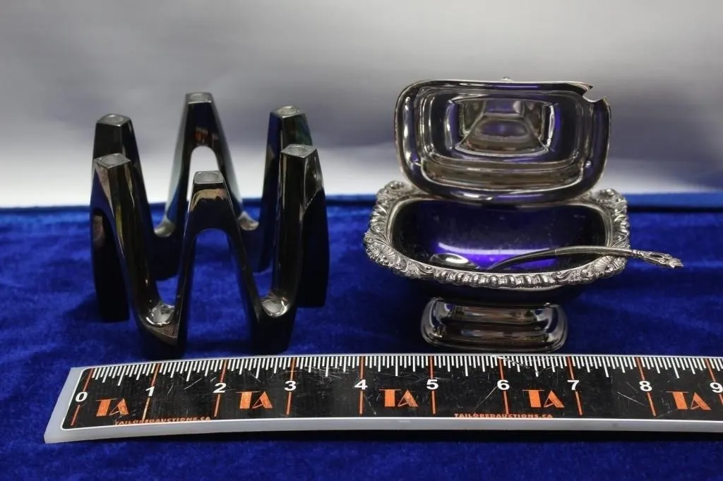 Silver-plate condiment set: coaster/rack & lidded