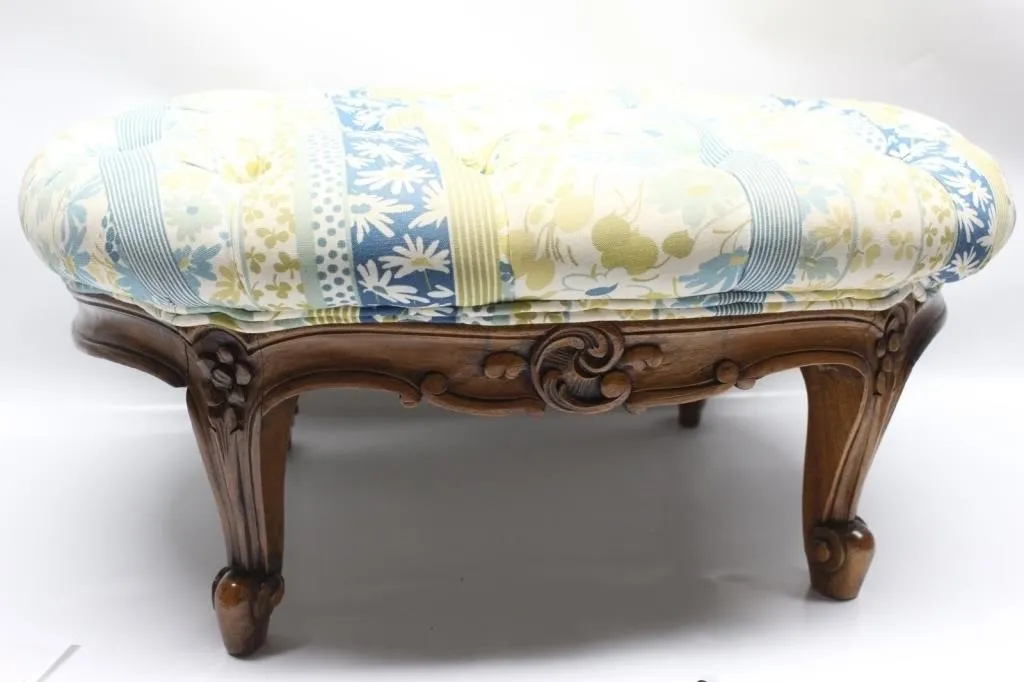 Carved Wood Footstool w/ Floral Tufted Top