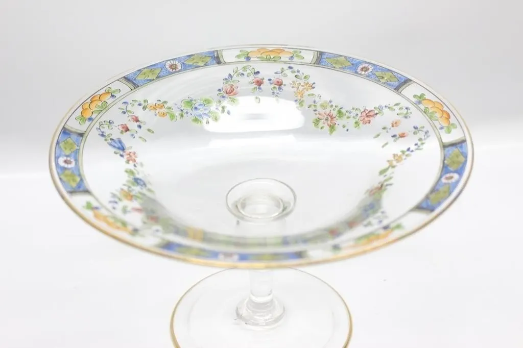 Painted Glass Compote & Pink Enamel Trinket Box