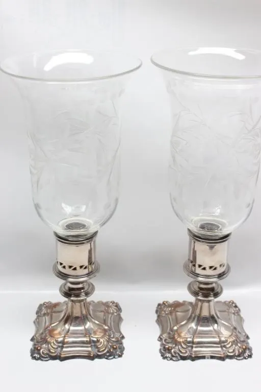 Pair silver-plate hurricane candlesticks, etched