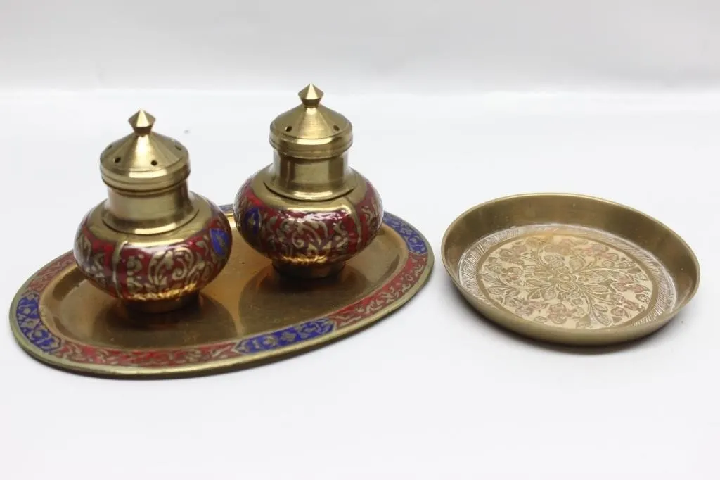 Brass enamel condiment set with tray & dish