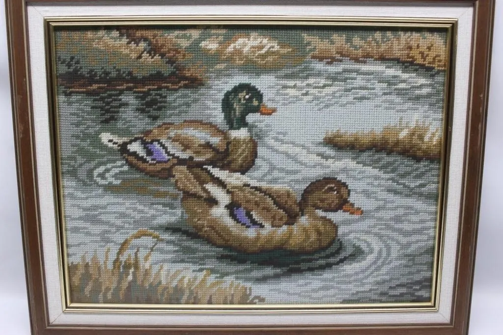 Framed needlepoint tapestry of mallard ducks