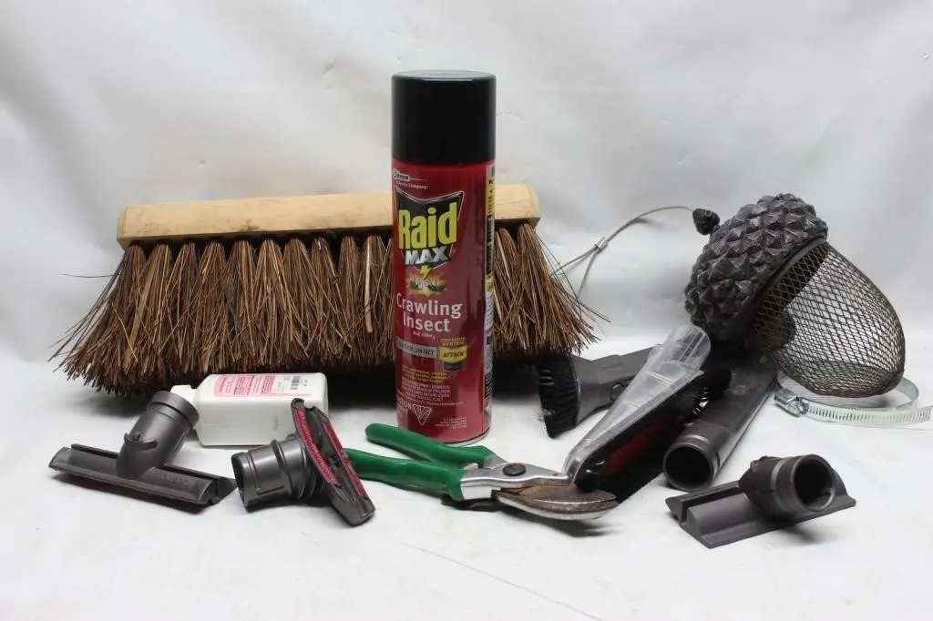 Household Lot: Broom, Vacuum Tools, Shears, Raid
