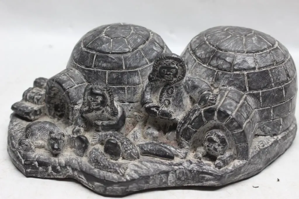 Inuit Village Soapstone Carving with Igloos &
