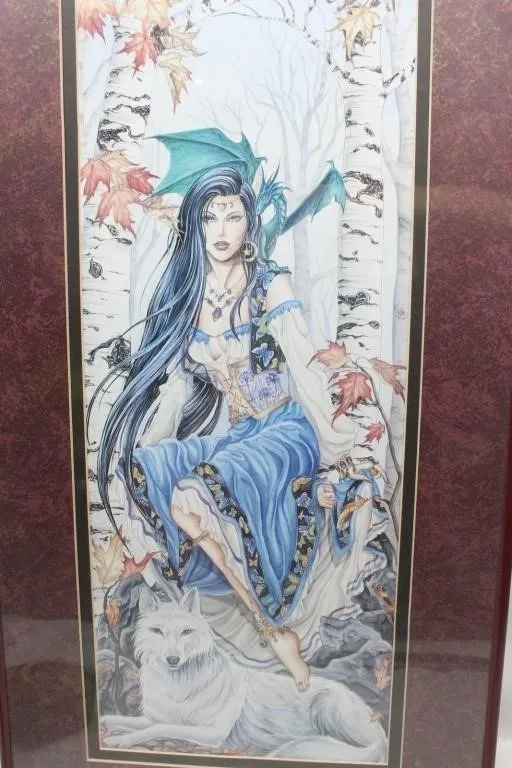 Framed fantasy art print, dragon, woman & wolf