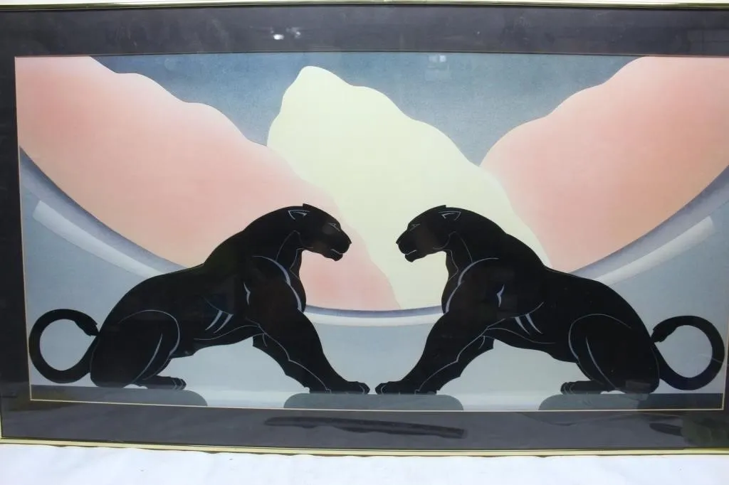 Art Deco Style Panthers Print, Framed