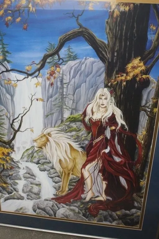 Framed Fantasy Art Print, Woman & Lion at Falls